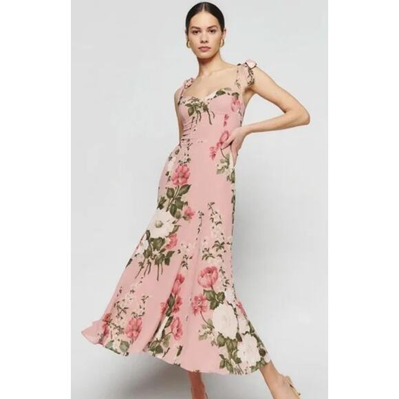 REFORMATION Nadira Tie Strap Midi Dress Floral Sweetheart Smocked Maxi Pink - Picture 16 of 16